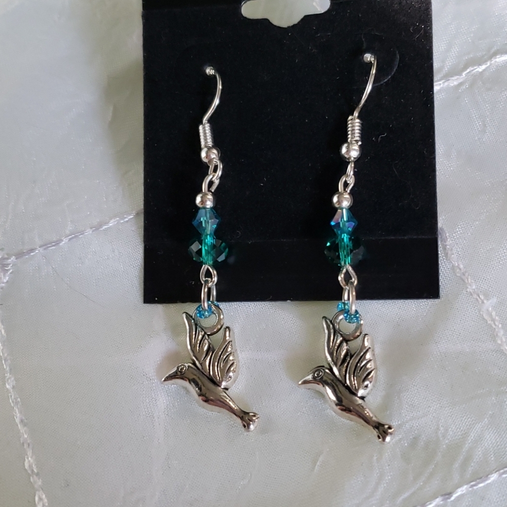 Blue Crystal, Tibetan Silver Bird Earrings